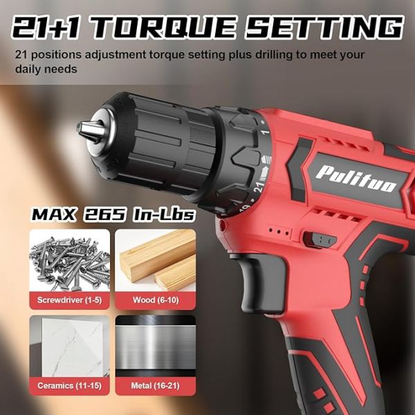 PULITUO Cordless Drill Set, 20V Electric Power Drill with Battery And Charger